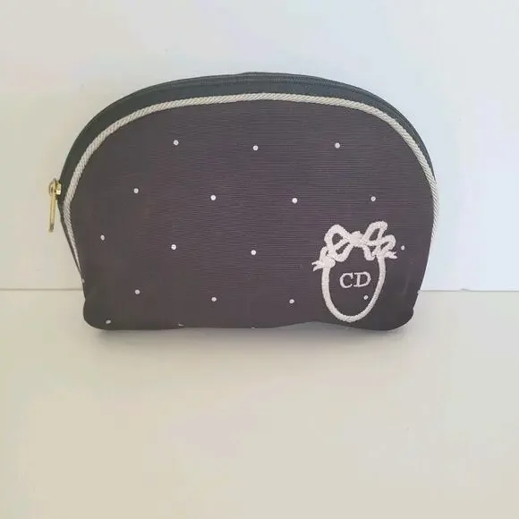 Christian Dior Vintage Black WhiteCosmetic Bag Make Up Zip Pouch Polka Dot Retro