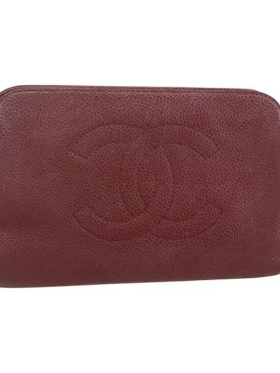 CHANEL Pouch Grained Calf Skin Bordeaux Gold CC Auth yk20274