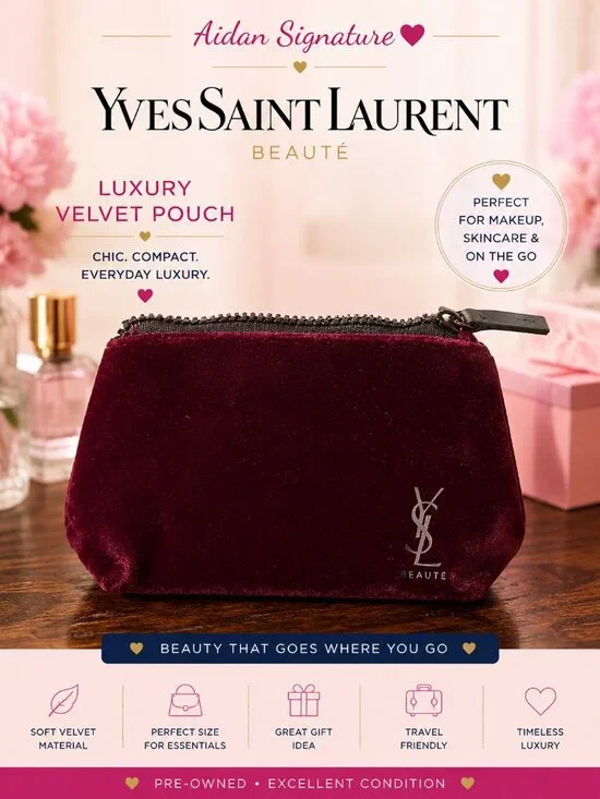 Yves Saint Laurent Beauté Burgundy Velvet Cosmetic Makeup Bag | Travel Zip Pouch