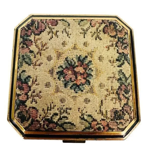 Vintage Elgin‎ American Embroidery Brass Compact Pink Floral 2.5
