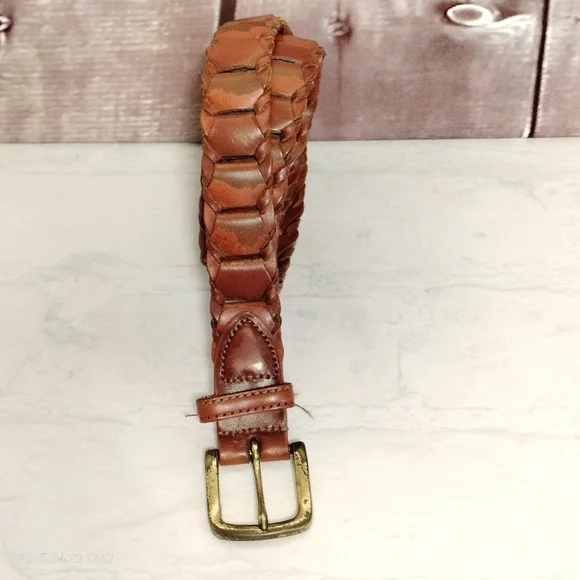 Genuine Leather Men's Brown Belt 38 Rectangular Braided With Solid Brass Buckle