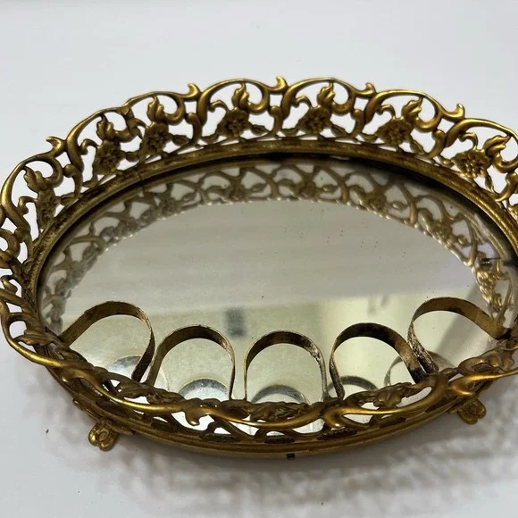 Vintage Gold-Tone Filigree Oval Mirrored Vanity Tray W/ Lipstick Holders Footed