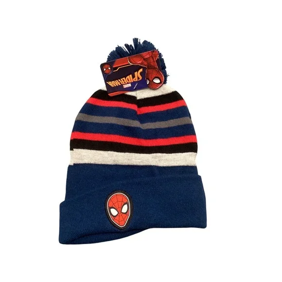 Marvel Spider-Man Kids‎ Beanie Hat Navy Blue Red Striped Pom Pom Knit Cap NWT