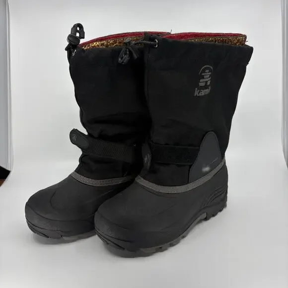 Kamik Waterproof Winter Snow Boots Black Red Lined Size 5 Drawstring Strap