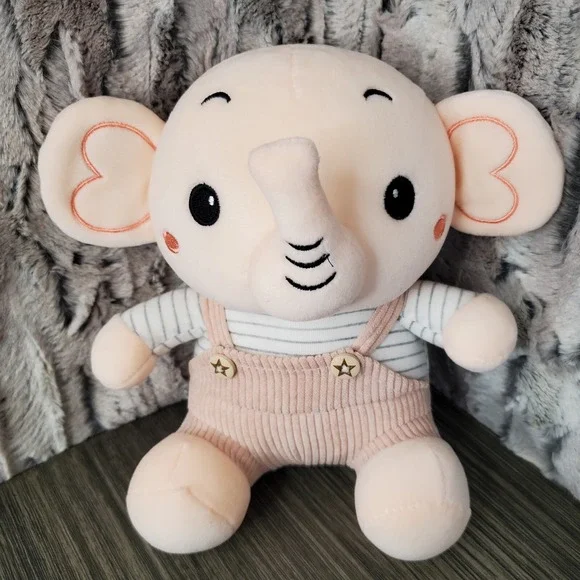 Elephant Plush Stuffed Animal Baby Shower Gift Pinks Corded Suspenders Heart Ear