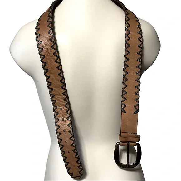 vtg Retro LEATHER Belt OS Adjustable Braid Trim Tan Brown