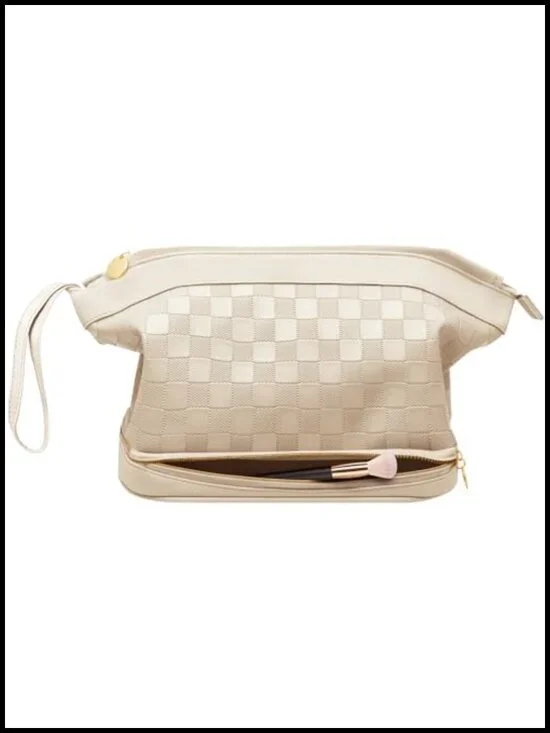 Double Layer Travel Makeup Bag with Brush Compartment, Waterproof PU Leather