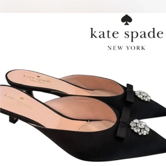 Kate Spade Darlene Black Satin Jewelled Bow Kitten Heel Slide Mules 8.0 -Defaced