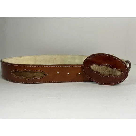 Brown Leather Belt w/ Fur Calf Hair Western Style Large 1 7/8