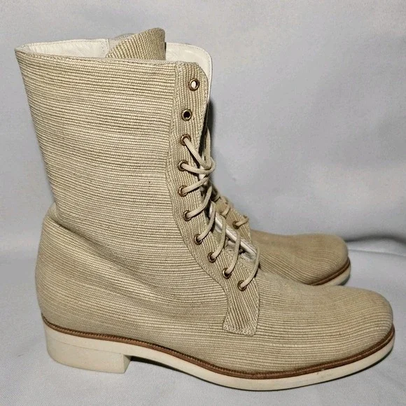 FARRUTX Men's beige textile lace-up calf boot‎ side zip leather lined size 39**