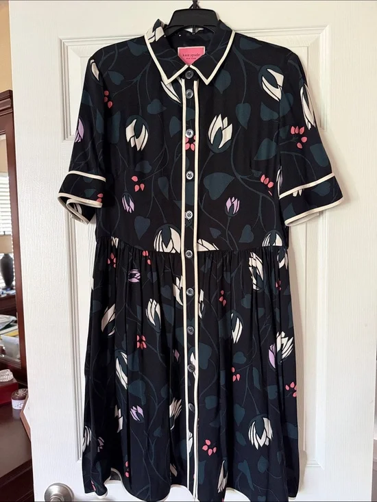 kate spade Black Floral Button-Front Mini Dress with Cream Trim