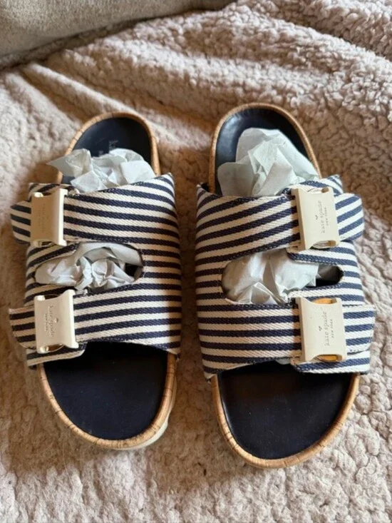 kate spade Navy and White Striped Double Buckle Sandals