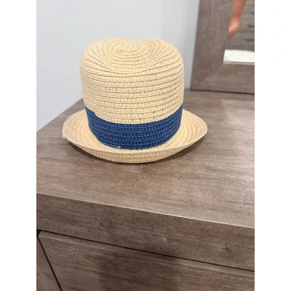 Kids‎ Straw Fedora Hat Tan Woven Sun Hat with Blue Contrast Band