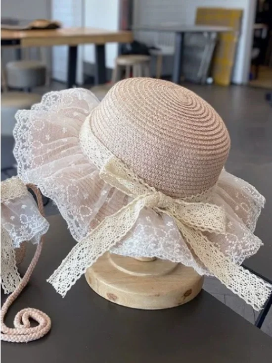 Lace-Trim Straw Sun Hat in Blush