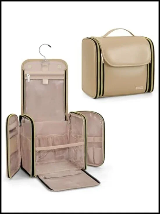 Large PU Leather Expandable Hanging Toiletry Bag with Jewelry Organizer