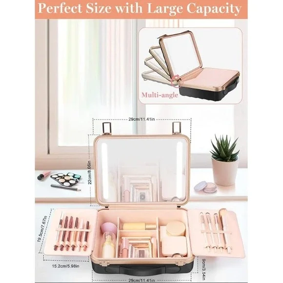 Kalolary Makeup Train Case Womens Large Black LED Lighted Mirror Rechargeable
