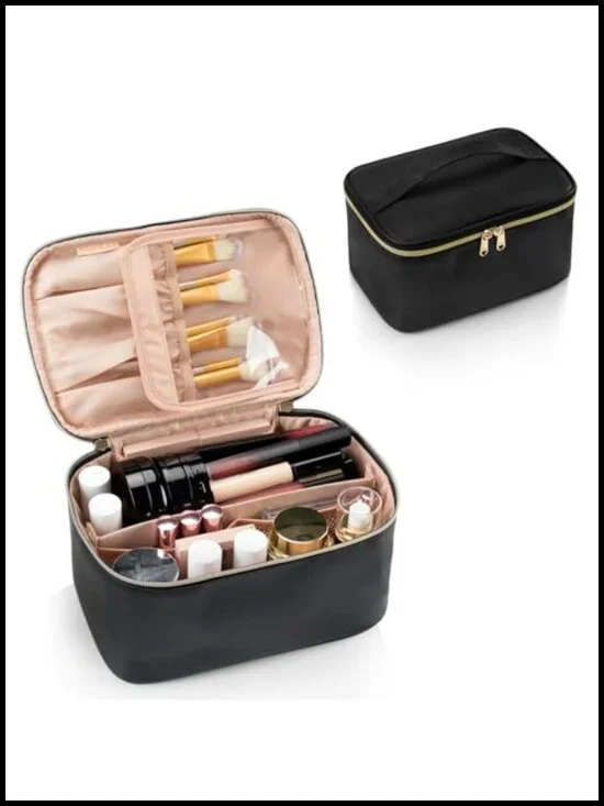 Large Capacity Travel Makeup Case with Handle & Divider, Waterproof Vegan