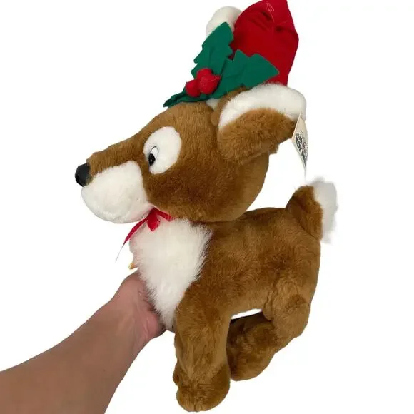 Vintage Reindeer Plush Christmas Stuffed Animal Wearing Santa Hat Toy TAGS