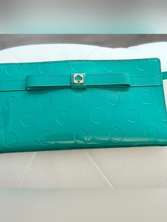 Kate Spade New York Teal Patent Polka Dot Continental Wallet Bow Accent EUC
