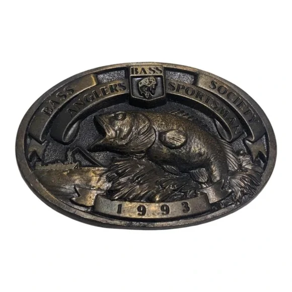 Vtg 1993 Bass Society Belt Buckle Angler‎ Sportsman USA Heavy Duty Collectible