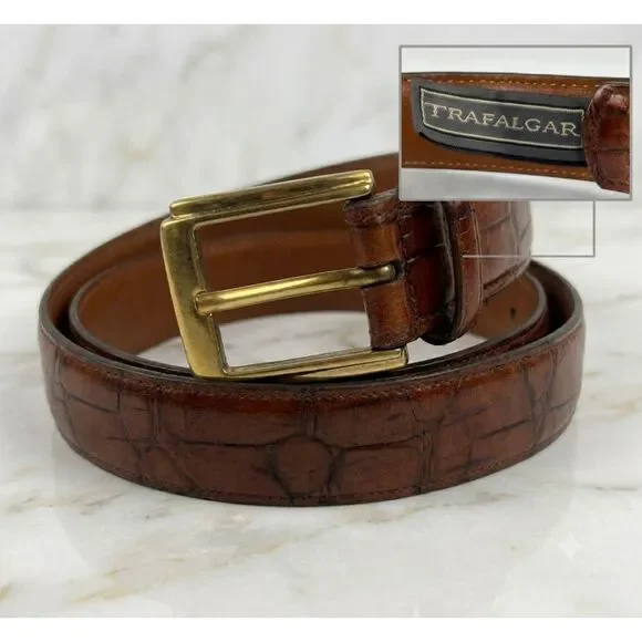 Trafalgar Brown Alligator Embossed Leather Belt Mens Size 40 Solid Brass Buckle