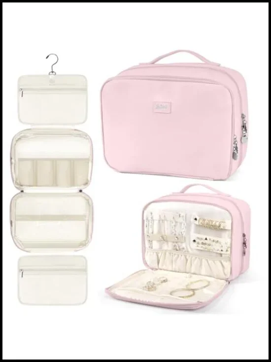 PU Leather Hanging Toiletry Bag with Jewelry Organizer Travel Cosmetic Case