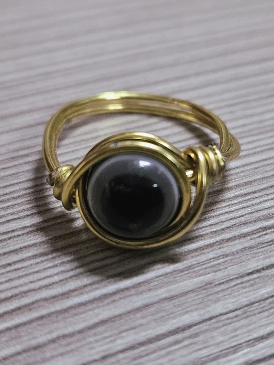 Gold Wire-Wrapped Black Evil Eye Bead Ring - Women Jewelry Size 7