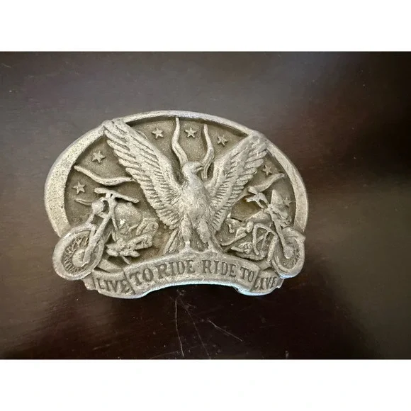 Vintage 1991 C+J Eagle ORANGE LIVE TO RIDE RIDE TO LIVE Belt Buckle - USA