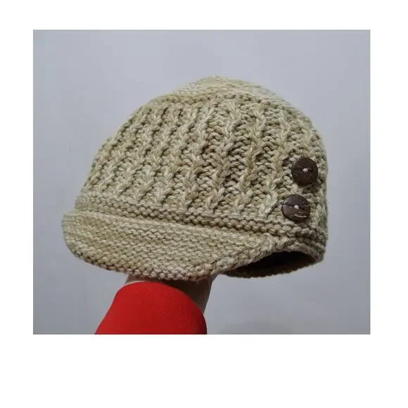 Eddie Bauer Girls Tan & Cream Knit Brimmed Beanie Hat Fleece Lined