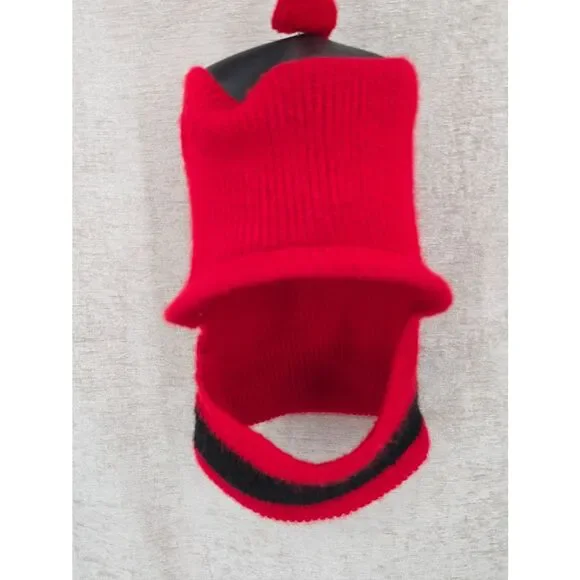 Vintage Red Knit Pom Pom Hat with Black Stripe 60s 70s Infant or Toddler