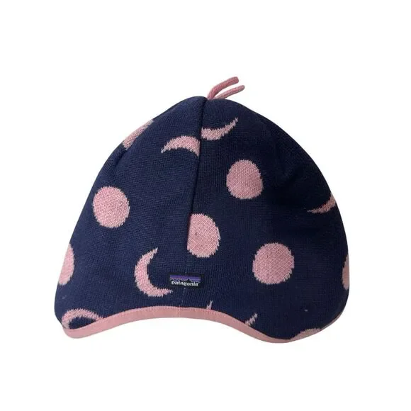 Patagonia Navy + Pink Moon & Polka Dot Reversible Beanie Hat. Size 12 Months.