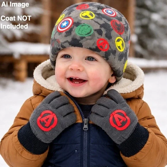 Marvel Avengers OSFM Beanie Hat Gloves Set Camo Superhero Cold‎ Weather Comics