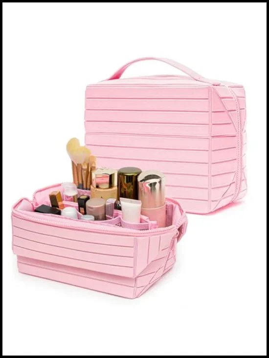 Large Capacity PU Leather Travel Makeup Bag with Fold-Down Design