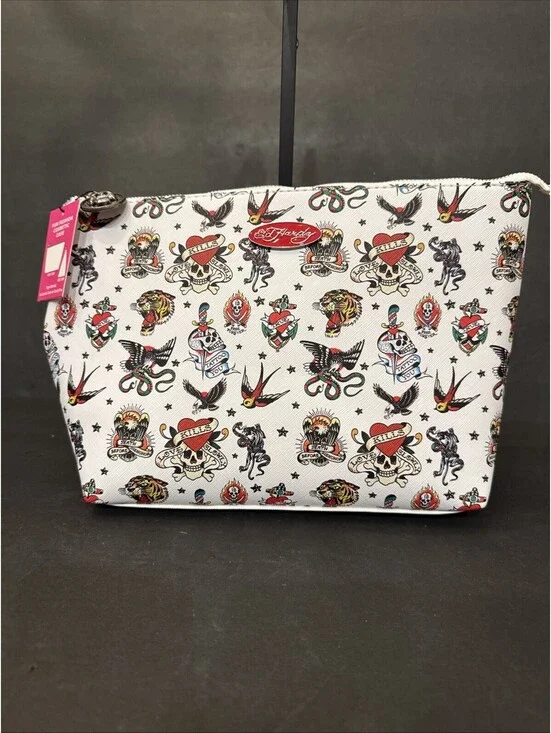 NWT Ed Hardy Clutch Cosmetic Bag White Tattoo  Y2K Style 12” W By 8” H Spacious