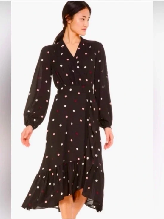 kate spade Black Polka Dot Wrap Midi Dress with Pink & White Dots
