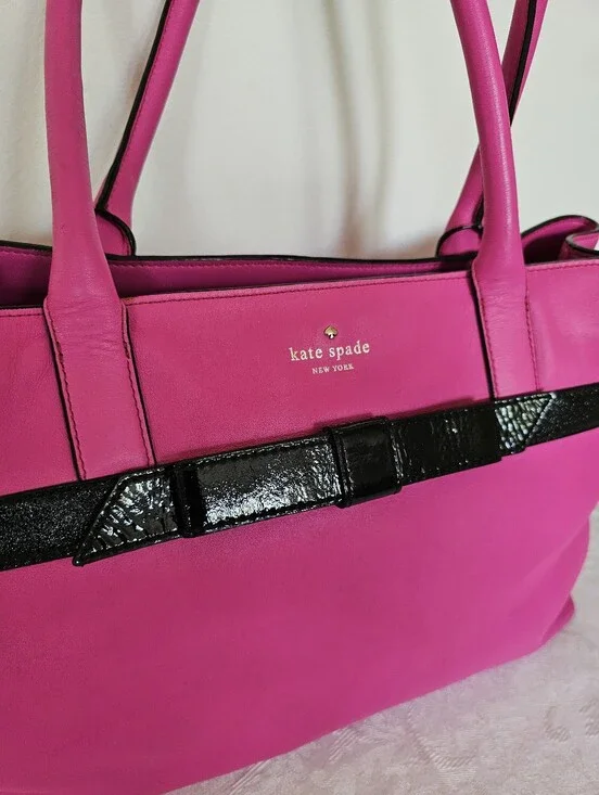 Kate Spade Rosa Mount Pink Leather Tote with Black Trim and Patent Leather Bow