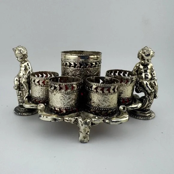 Vintage Small Cherub Vanity Organizer Silver tone  Victorian Red Velvet Putti