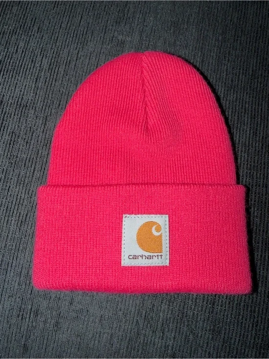 Carhartt Hot Pink Cuffed Beanie with Orange Logo Patch