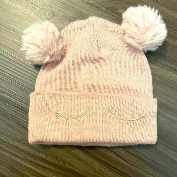 H&M Blush Knit Beanie with Pom-Poms eyelashes size 4T/6X