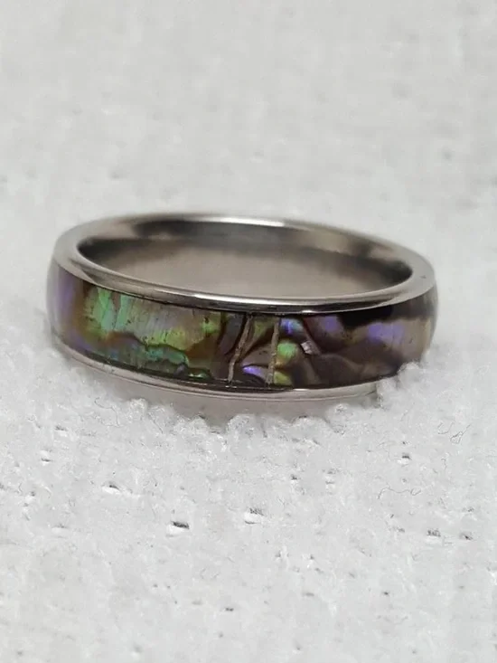 Silver Iridescent Abalone Inlay Ring - Green & Purple Hues