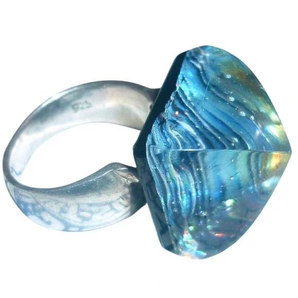 Vintage Sterling Silver Dichroic Art Glass Ring Size 6 925 Iridescent Foil  Cab