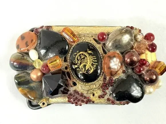 Vintage Scorpio Zodiac Belt Buckle Handmade Gemstone Beads Gold Black OOAK