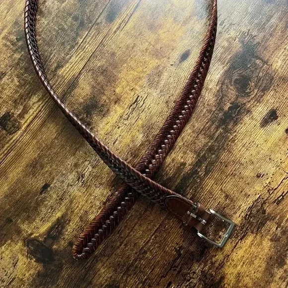 Mens brown woven belt with silver buckle