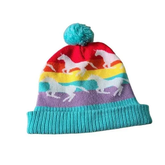 Rainbow horse winter hat with pompom OS