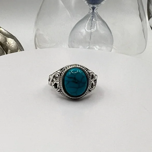 Stainless‎ Steel Ring With Turquoise Colored Stone SZ 7 NEW.