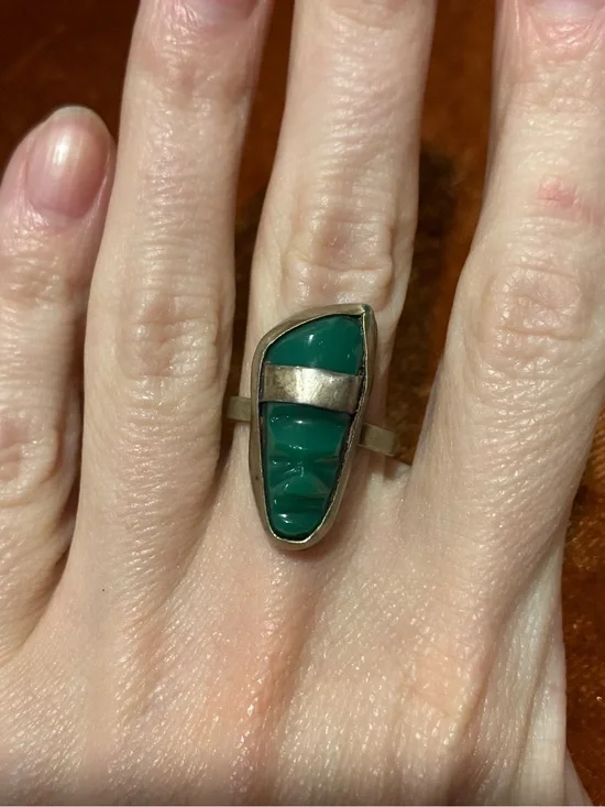 Vintage Alpaca Mexico Green Glass Abstract Face Ring