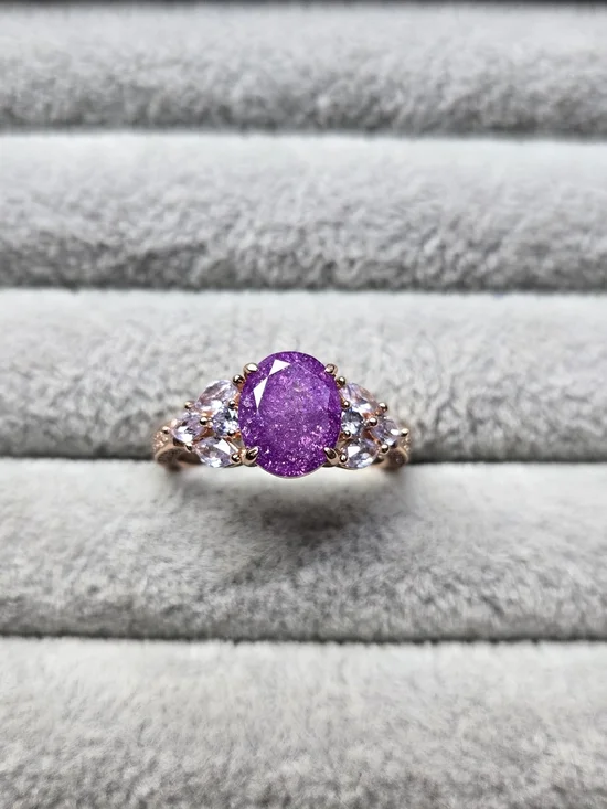 Size 8 Ice Crystal Amethyst Rose Gold Plated Bomb Party Ring