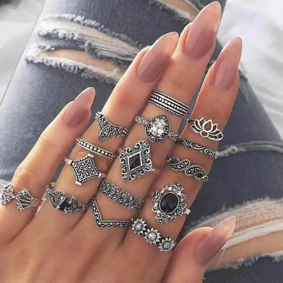 15 Piece Dark Floral Midi Ring Set