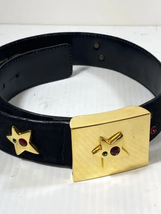 Escada Black Leather Belt with Gold Star Buckle and Gem Accents