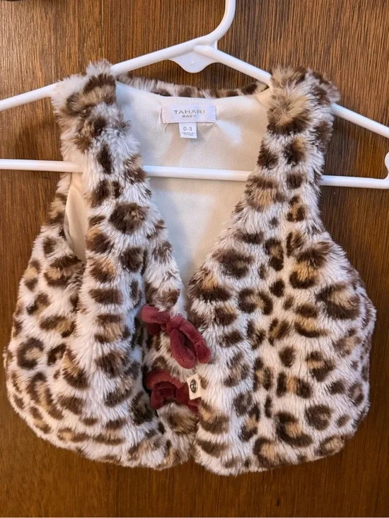 Tahari Brown and Cream Faux Fur Leopard Print Vest for Baby Girl